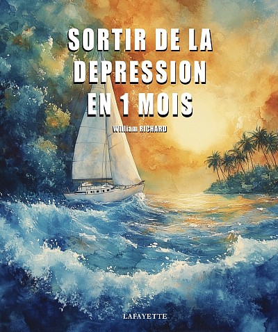 Couverture du livre, un bateau sort d'une tempête en mer et se dirige vers une île paradisiaque